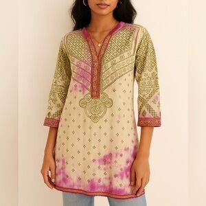 KHAADI Boho Embroidered Tunic Top Size 10 Pink Tie Dye Kurta Blouse